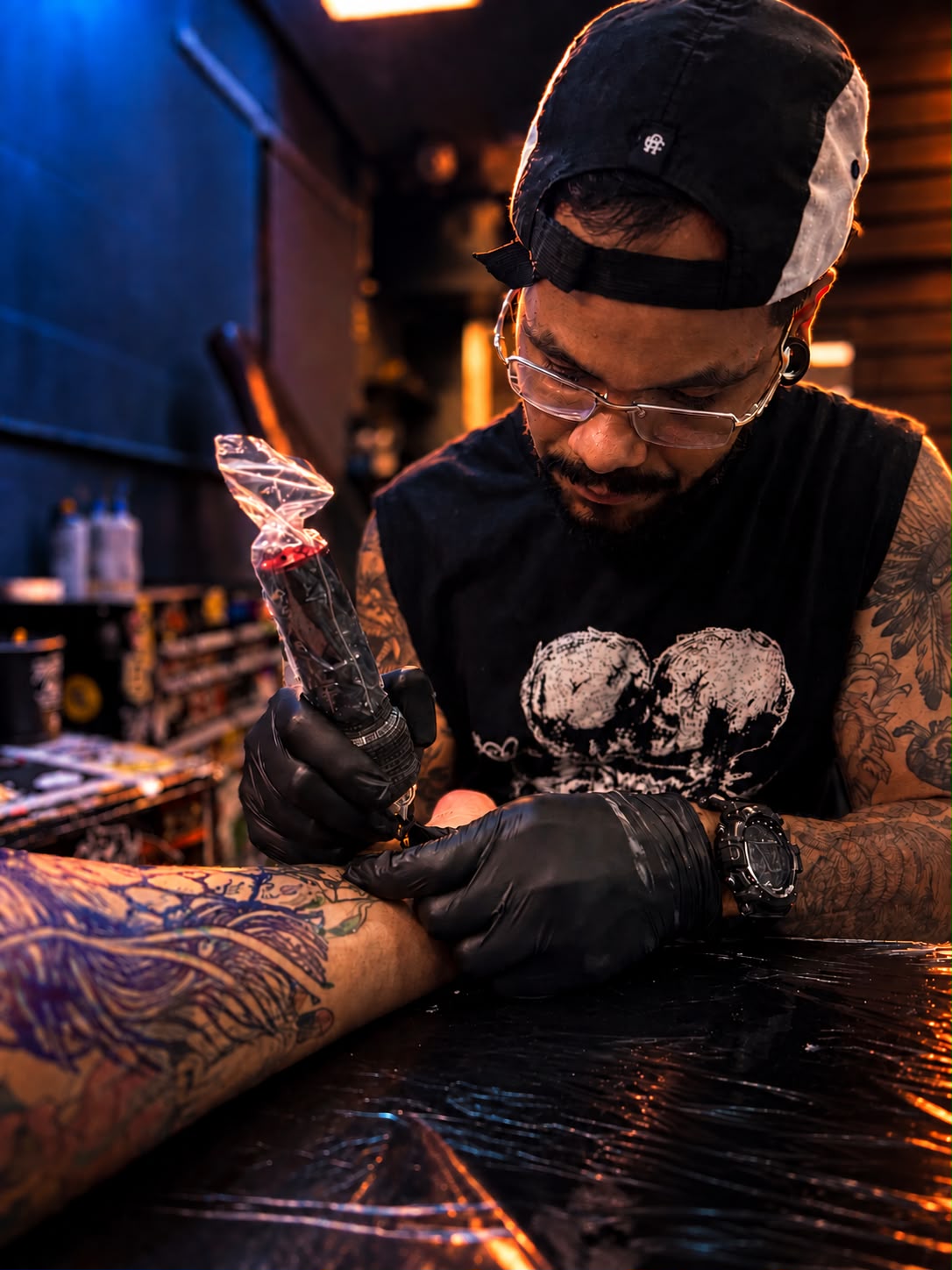 Tainan Santos trabalhando em uma tatuagem no estúdio